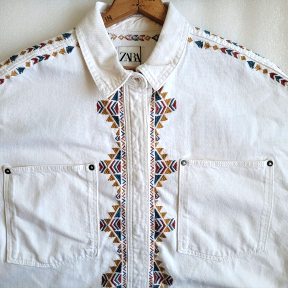 NWT Zara Southwestern Embroidered Denim Overshirt Jacket White Size Large Boho - Picture 6 of 16